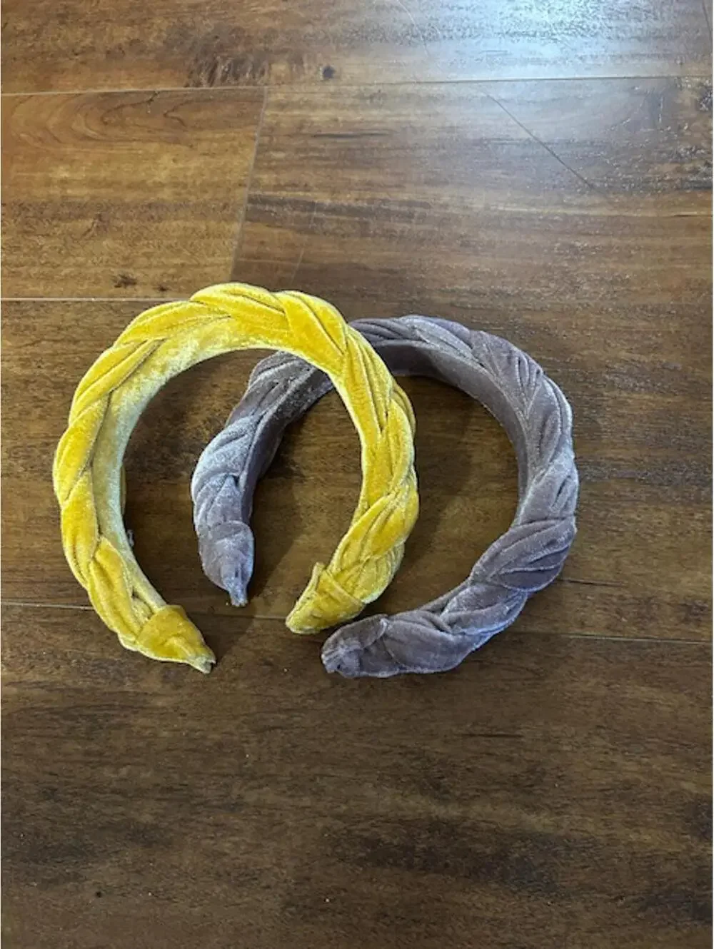 Set of 2 Velvet Braided Headbands in Yellow and Taupe
